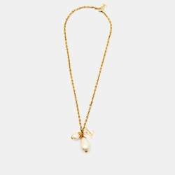 Louis Vuitton Damier Perle Faux Pearl Gold Tone Pendant Necklace