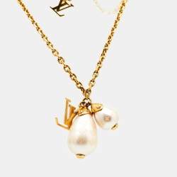 Louis Vuitton Damier Perle Faux Pearl Gold Tone Pendant Necklace