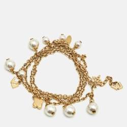 Louis Vuitton Damier Monogram Faux Pearl Two Tone Chain Link Charm Bracelet