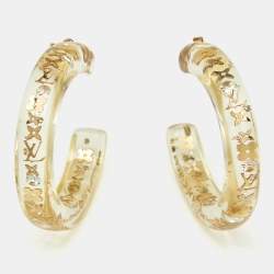 Louis Vuitton  Monogram Inclusion Clear Resin Crystals Gold Tone Hoop Earrings