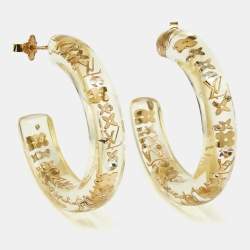 Louis Vuitton  Monogram Inclusion Clear Resin Crystals Gold Tone Hoop Earrings