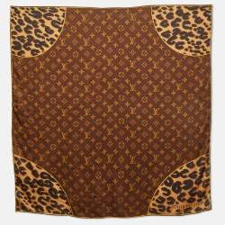 Pre Owned Louis Vuitton Brown Leopard Monogram Print Silk Scarf