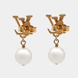 Pre Owned Louis Vuitton  Iconic Louisa Faux Pearl Gold Tone Earrings