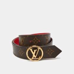 Pre Owned Louis Vuitton Red Epi Leather and Monogram Canvas LV Circle Reversible Belt 80 CM