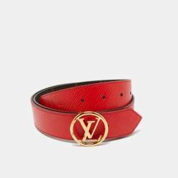 Pre Owned Louis Vuitton Red Epi Leather and Monogram Canvas LV Circle Reversible Belt 80 CM