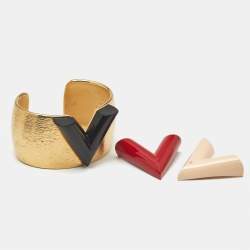 Pre Owned Louis Vuitton Textured Essential V Colorama Gold Tone Open Cuff Bracelet