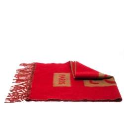 مملوكة مسبقًا Louis Vuitton Red and Camel Cashmere Fringe Trim Baroda Scarf