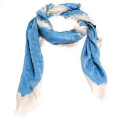 Pre Owned Louis Vuitton Blue Wool & Silk Monogram Arty Shawl