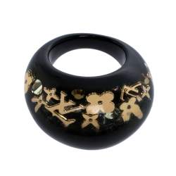 Pre Owned Louis Vuitton Black Resin Gold Tone Monogram Inclusion Ring Size 54.5 