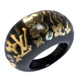 Pre Owned Louis Vuitton Black Resin Gold Tone Monogram Inclusion Ring Size 54.5 
