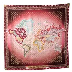 Pre Owned Louis Vuitton Burgundy Ombre Monogram Map Silk Square Scarf