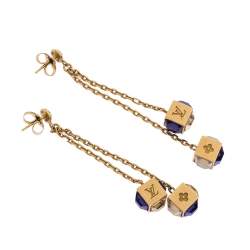 Pre Owned Louis Vuitton Gamble Crystal Gold Tone Long Drop Earrings