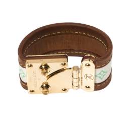 Pre Owned Louis Vuitton Beige Multicolor Monogram Canvas Leather S Lock Wide Cuff Bracelet