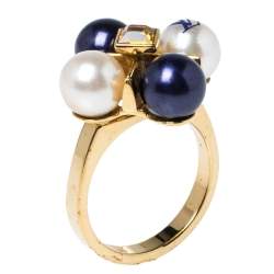 Pre Owned Louis Vuitton Cry Me A River Crystal Faux Pearl Gold Tone Cocktail Ring L