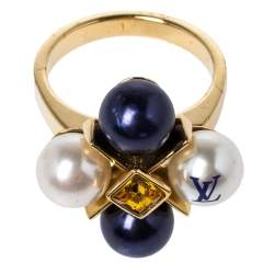 Pre Owned Louis Vuitton Cry Me A River Crystal Faux Pearl Gold Tone Cocktail Ring L