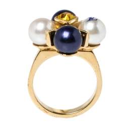 Pre Owned Louis Vuitton Cry Me A River Crystal Faux Pearl Gold Tone Cocktail Ring L