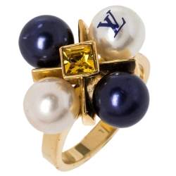 Pre Owned Louis Vuitton Cry Me A River Crystal Faux Pearl Gold Tone Cocktail Ring L