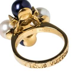 Pre Owned Louis Vuitton Cry Me A River Crystal Faux Pearl Gold Tone Cocktail Ring L