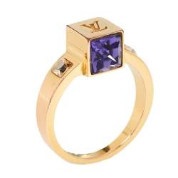 Pre Owned Louis Vuitton Gamble Crystal Gold Tone Ring Size 57