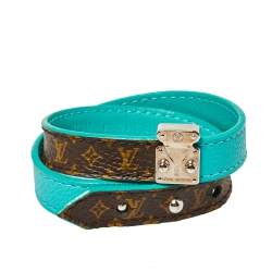 Pre Owned Louis Vuitton Turquoise Leather & Brown Monogram Canvas Lockit Double Wrap Bracelet