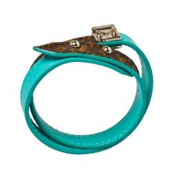 Pre Owned Louis Vuitton Turquoise Leather & Brown Monogram Canvas Lockit Double Wrap Bracelet
