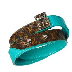 Pre Owned Louis Vuitton Turquoise Leather & Brown Monogram Canvas Lockit Double Wrap Bracelet