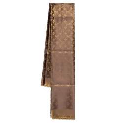 Louis Vuitton Brown Monogram Silk and Wool Shine Shawl For Sale at