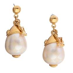 Pre Owned Louis Vuitton Gold Tone Damier Perle Drop Earrings