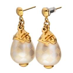 Pre Owned Louis Vuitton Gold Tone Damier Perle Drop Earrings