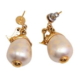 Pre Owned Louis Vuitton Gold Tone Damier Perle Drop Earrings