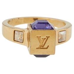 Louis Vuitton Gold Tone Crystal Monogram Flower Ring Size 55 Louis