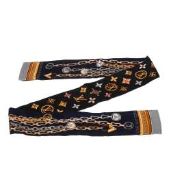 Pre Owned Louis Vuitton Navy Blue/Black Chain Print Silk Bandeau Scarf