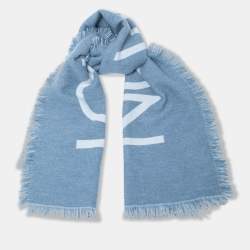 Pre Owned Louis Vuitton Blue Intarsia Wool & Cashmere Knit Fringed Muffler 