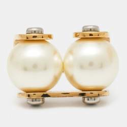 Pre Owned Louis Vuitton Speedy Faux Pearls Gold Tone Metal Ring Size 53