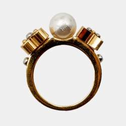 Pre Owned Louis Vuitton Gold Tone Faux Pearl Monogram Ring M