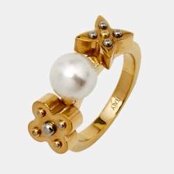 Pre Owned Louis Vuitton Gold Tone Faux Pearl Monogram Ring M