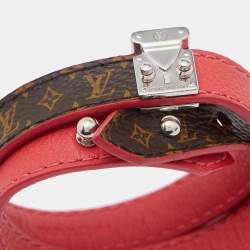 Pre Owned Louis Vuitton Pink Leather & Brown Monogram Canvas Lockit Double Wrap Bracelet