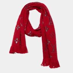 Pre Owned Louis Vuitton Red Wool & Silk Logomania Shine Scarf