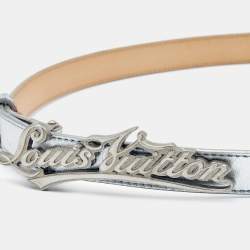 Pre Owned Louis Vuitton Silver Leather Cursive Script Belt 80CM