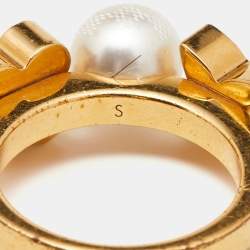 Pre Owned Louis Vuitton Gold Tone Monogram Faux Pearl Ring S