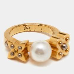 Pre Owned Louis Vuitton Gold Tone Monogram Faux Pearl Ring S