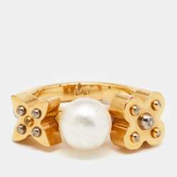 Pre-owned Louis Vuitton Gold Tone Monogram Faux Pearl Ring S