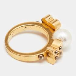 Pre Owned Louis Vuitton Gold Tone Monogram Faux Pearl Ring S