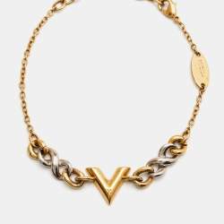 Pre Owned Louis Vuitton Essential V Gold & Silver Tone Logo Charm Bracelet