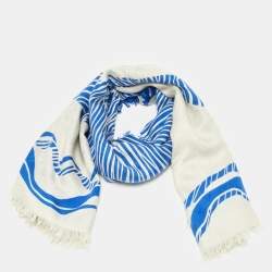 Pre Owned Louis Vuitton Light Grey & Blue Bag Printed Silk & Wool Scarf