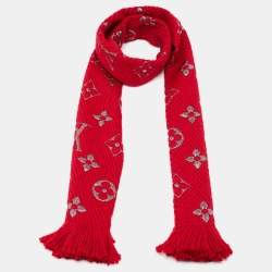 Louis Vuitton Escalp Logo Mania Monogram fringe Winter Scarf wool silk Red  Women