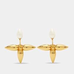 Louis Vuitton Louisette Faux Pearl Gold Tone Earrings 