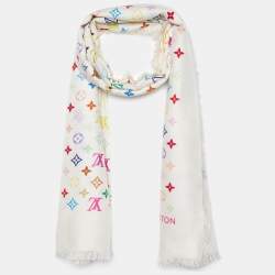 Pre Owned Louis Vuitton Multicolor Monogram Cashmere & Silk Fringed Shawl 
