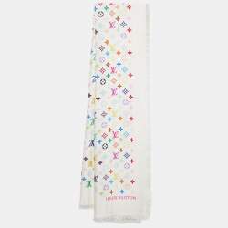 Pre Owned Louis Vuitton Multicolor Monogram Cashmere & Silk Fringed Shawl 