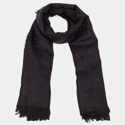 Pre Owned Louis Vuitton Black Monogram Silk and Wool Fringed Large Sqaure Shawl 